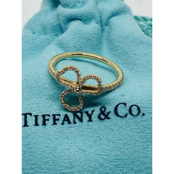 Tiffany & Co. "Paper Flowers" Open Clover 18K Rose Gold Size 5 .24CT Pouch Box - Picture 2 of 11